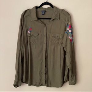 Torrid olive green button-up with embroidery